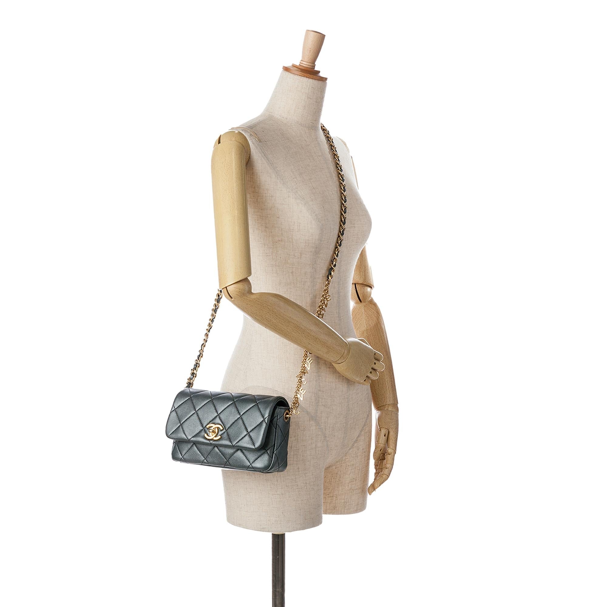 Chanel Quilted Metallic Lambskin Logo Charm Chain Flap (SHG-tizGCB)