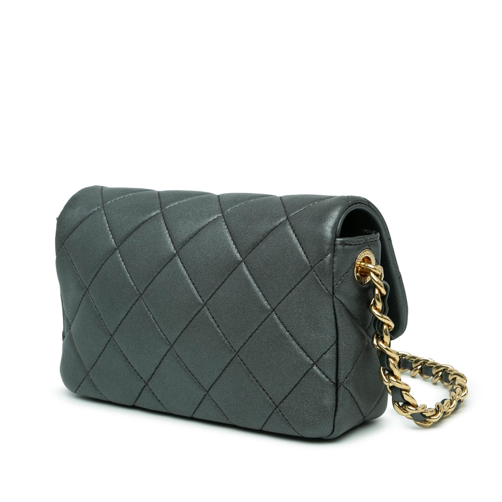 Chanel Quilted Metallic Lambskin Logo Charm Chain Flap (SHG-tizGCB)