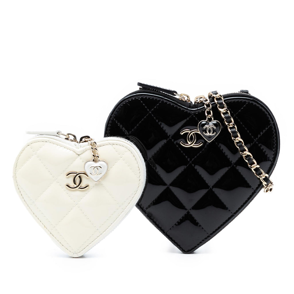 Chanel Quilted Patent Duo Heart Clutch with Chain