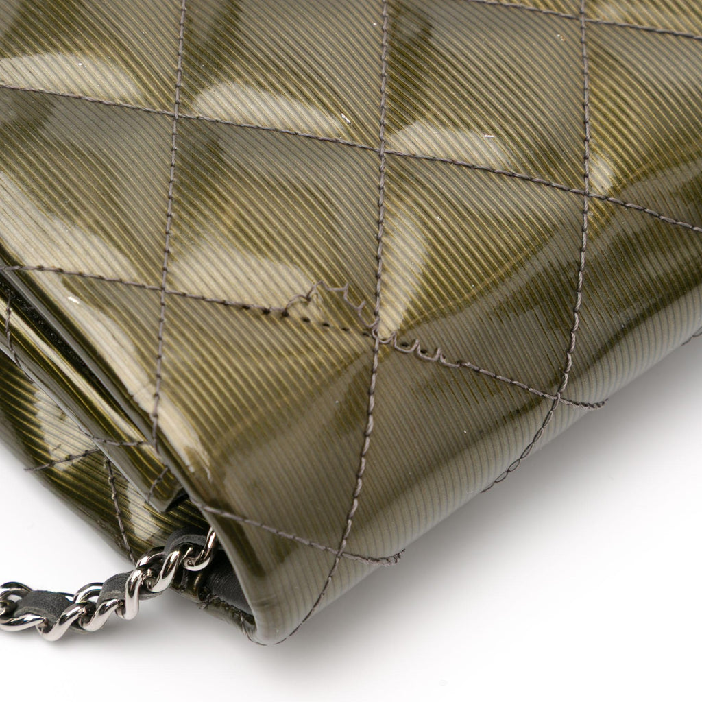 Chanel Quilted Striated Metallic Patent Clutch with Chain