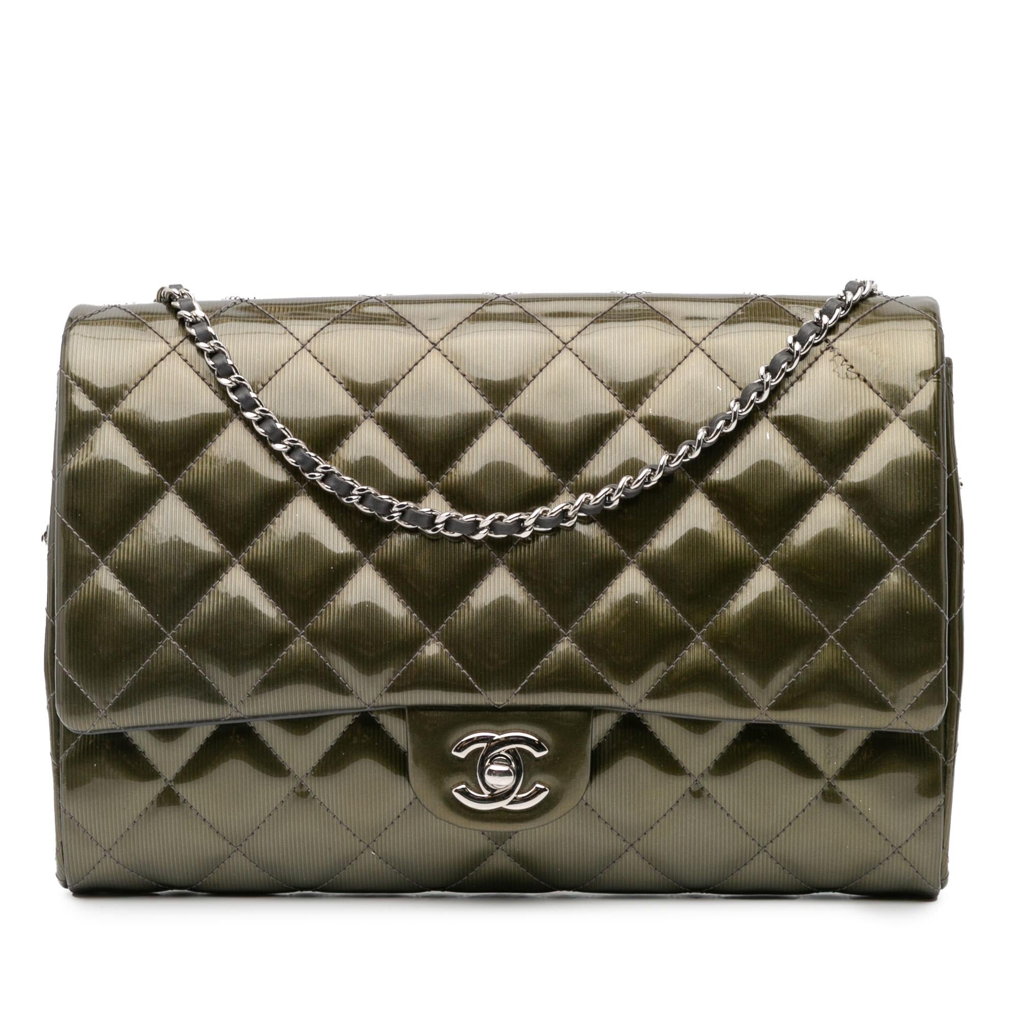 Chanel Quilted Striated Metallic Patent Clutch with Chain