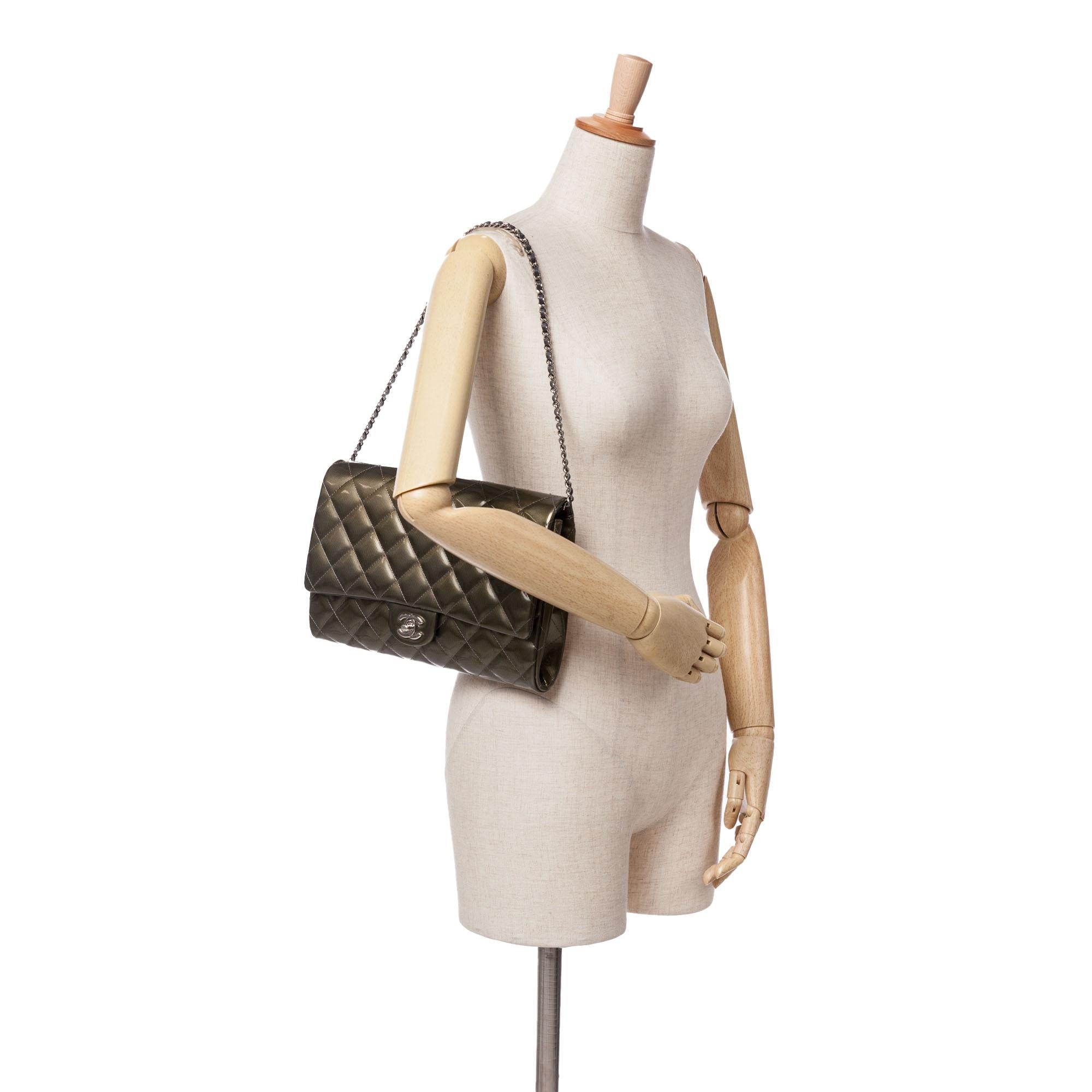 Chanel Quilted Striated Metallic Patent Clutch with Chain