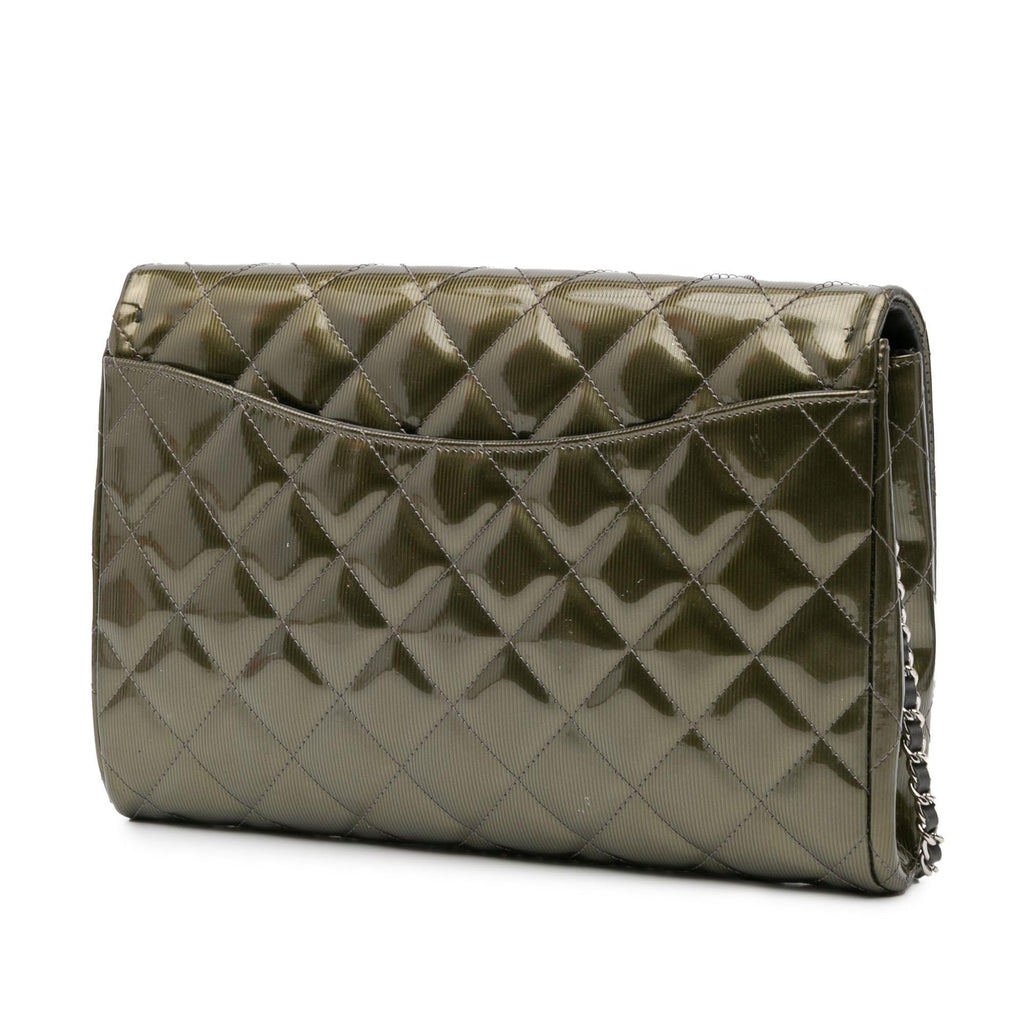 Chanel Quilted Striated Metallic Patent Clutch with Chain