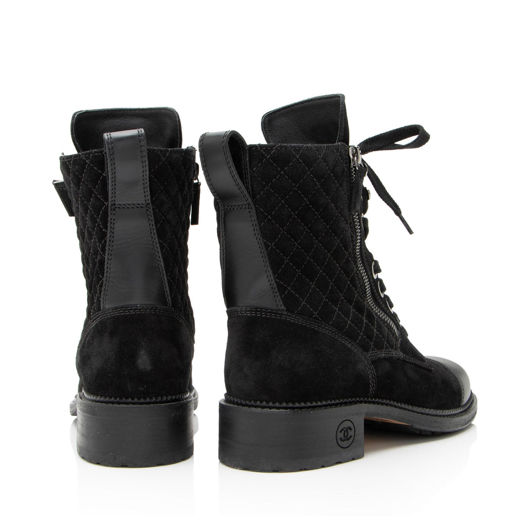 Chanel Quilted Suede CC Leather Cap Toe Combat Boots - Size 9 / 39