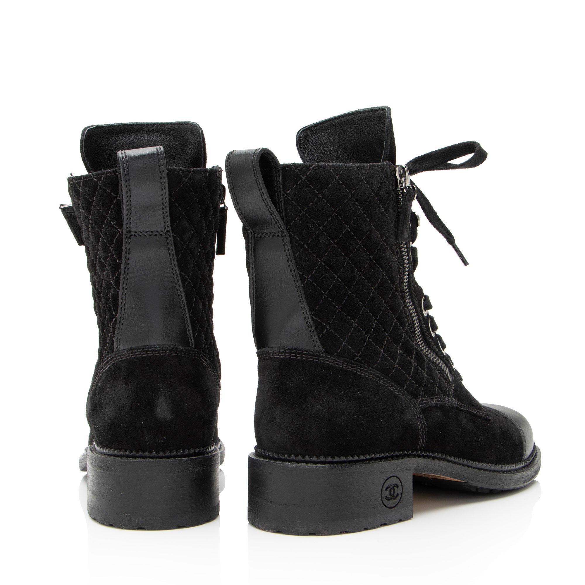 Chanel Quilted Suede CC Leather Cap Toe Combat Boots - Size 9 / 39