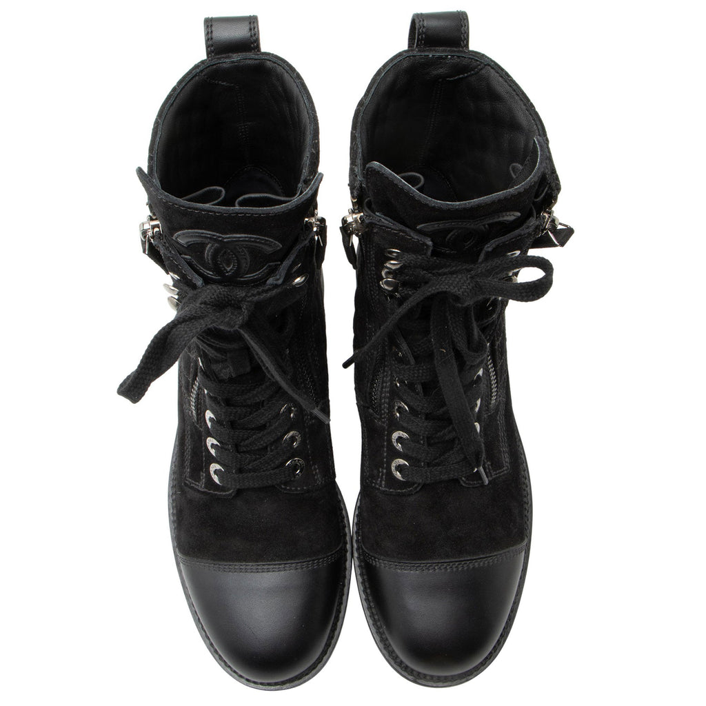 Chanel Quilted Suede CC Leather Cap Toe Combat Boots - Size 9 / 39