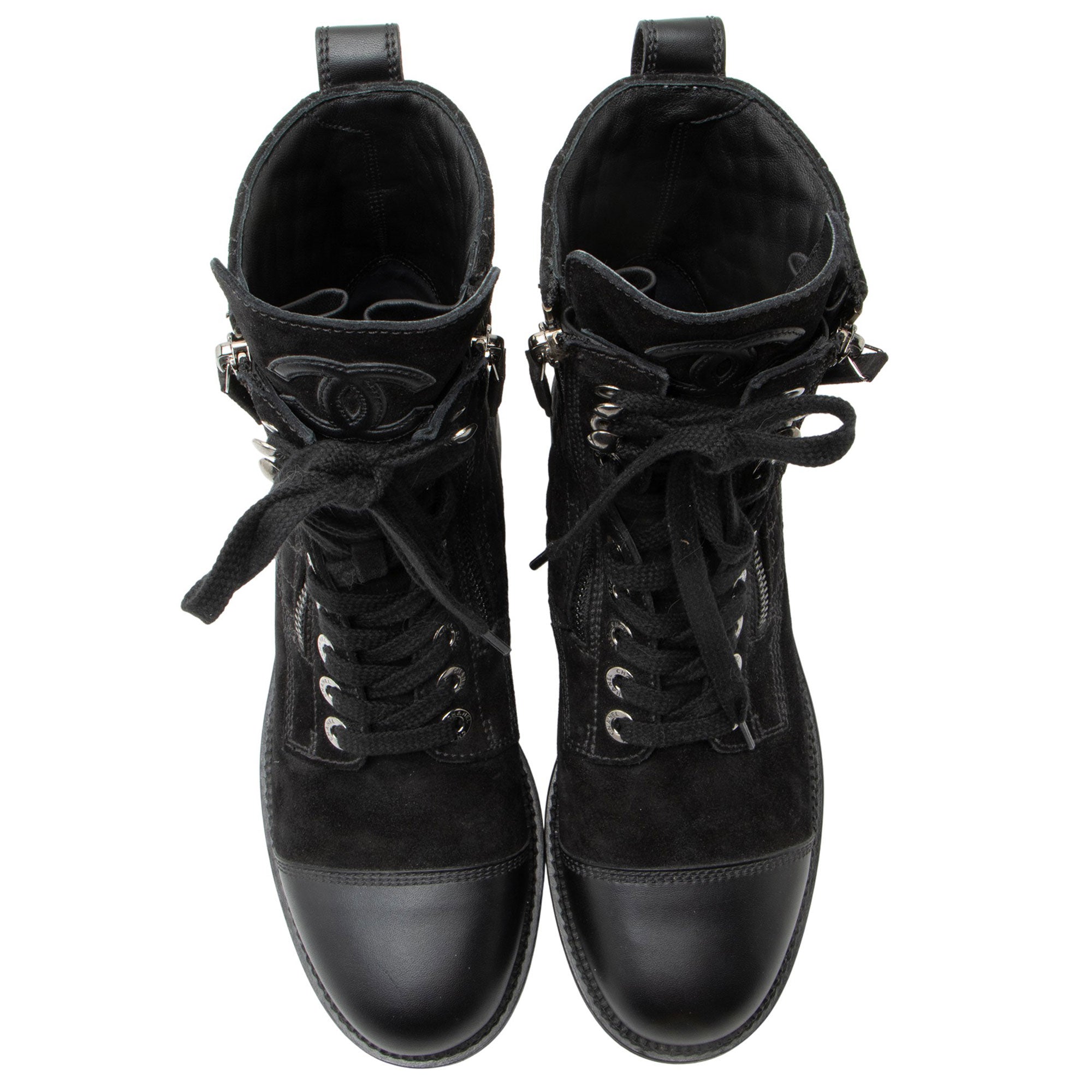 Chanel Quilted Suede CC Leather Cap Toe Combat Boots - Size 9 / 39