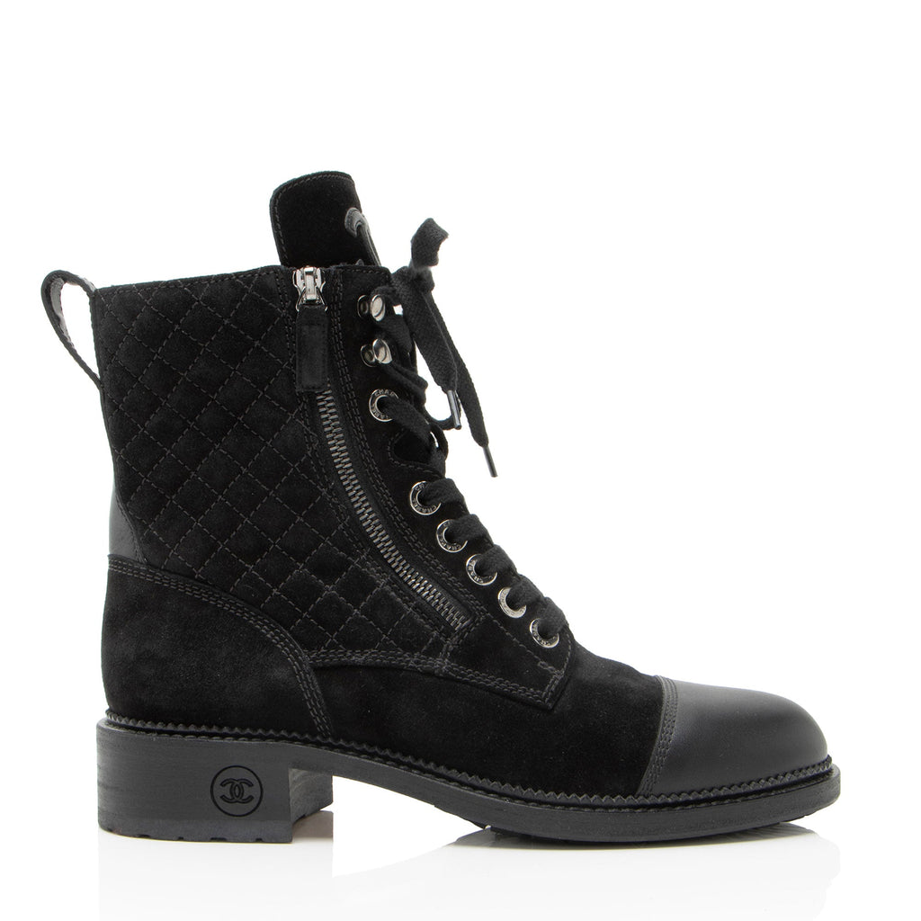 Chanel Quilted Suede CC Leather Cap Toe Combat Boots - Size 9 / 39