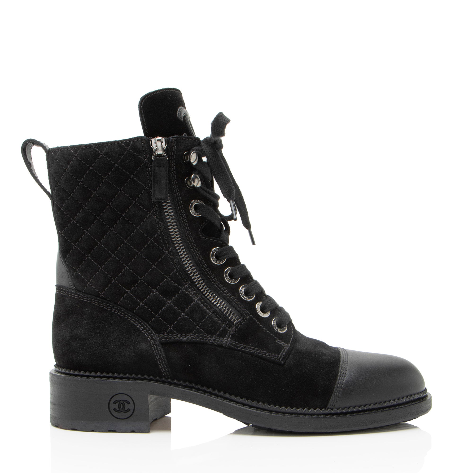 Chanel Quilted Suede CC Leather Cap Toe Combat Boots - Size 9 / 39