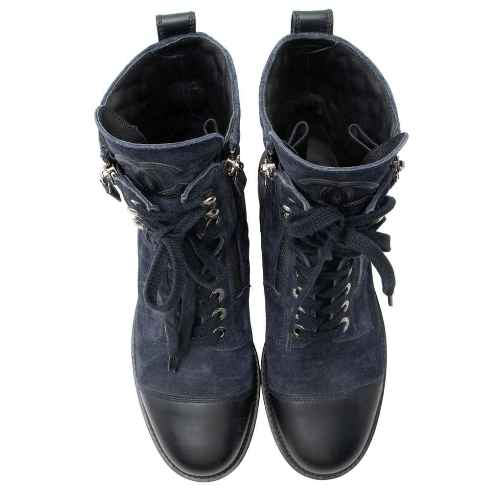 Chanel Quilted Suede CC Leather Cap Toe Combat Boots - Size 9 / 39