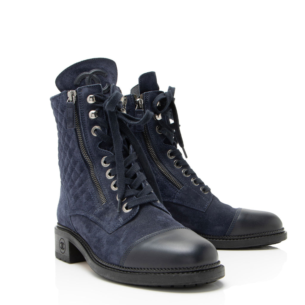 Chanel Quilted Suede CC Leather Cap Toe Combat Boots - Size 9 / 39