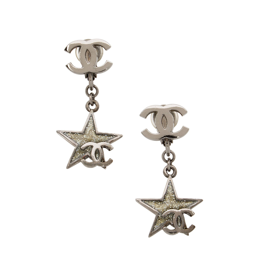 Chanel Vintage Ruthenium Resin CC Star Drop Clip On Earrings
