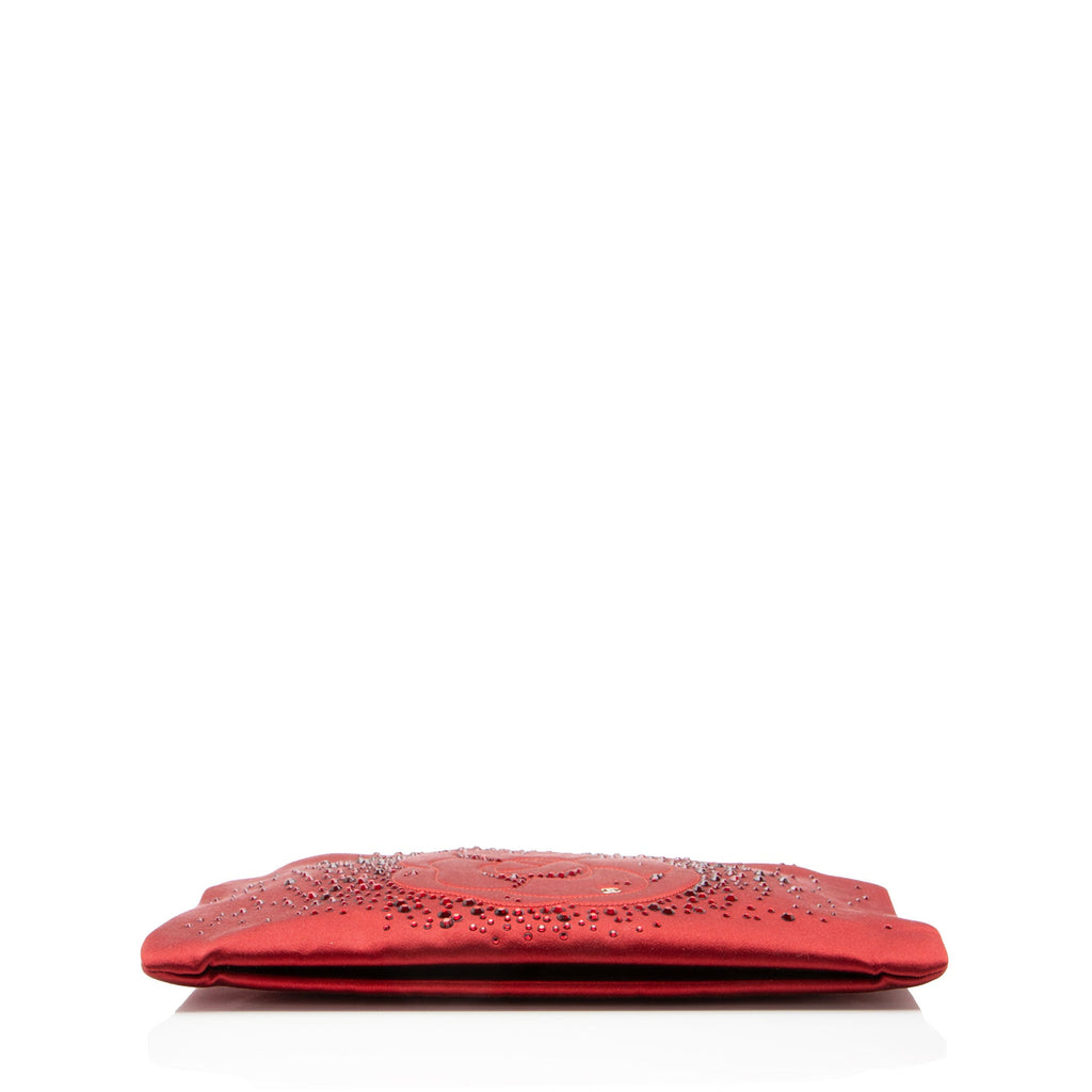Chanel Satin Crystal Embellished Camellia Clutch on Chain
