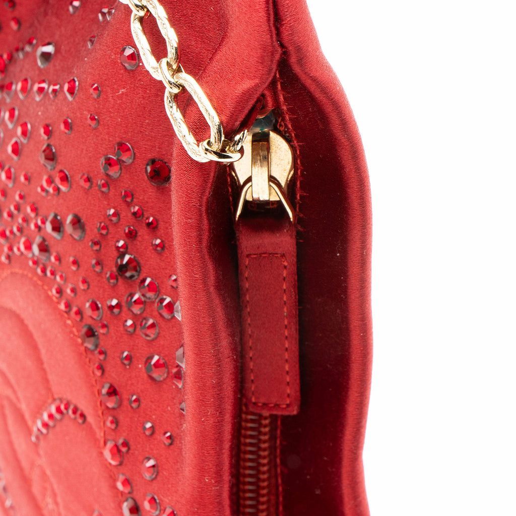 Chanel Satin Crystal Embellished Camellia Clutch on Chain