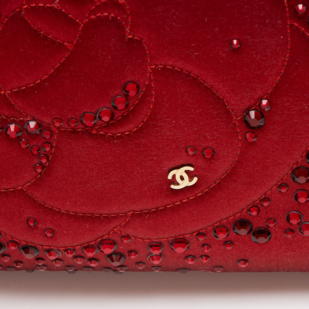 Chanel Satin Crystal Embellished Camellia Clutch on Chain