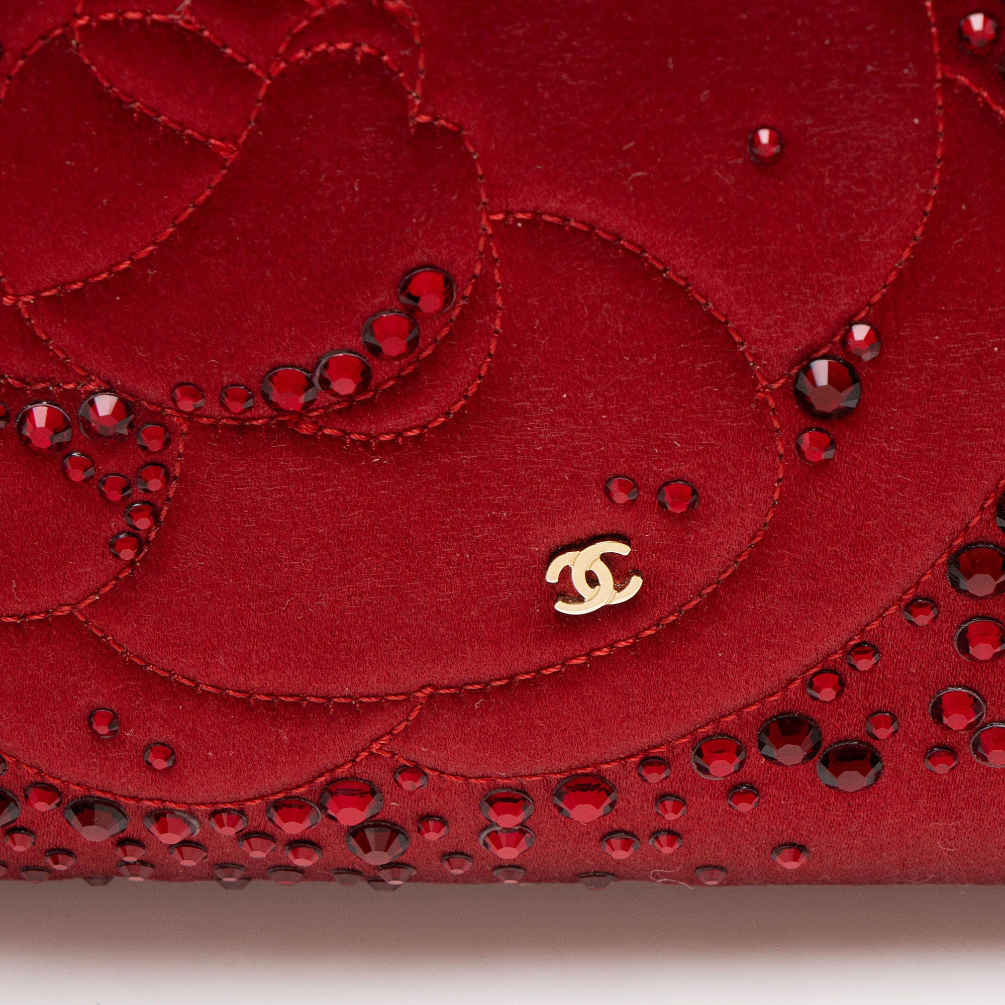 Chanel Satin Crystal Embellished Camellia Clutch on Chain