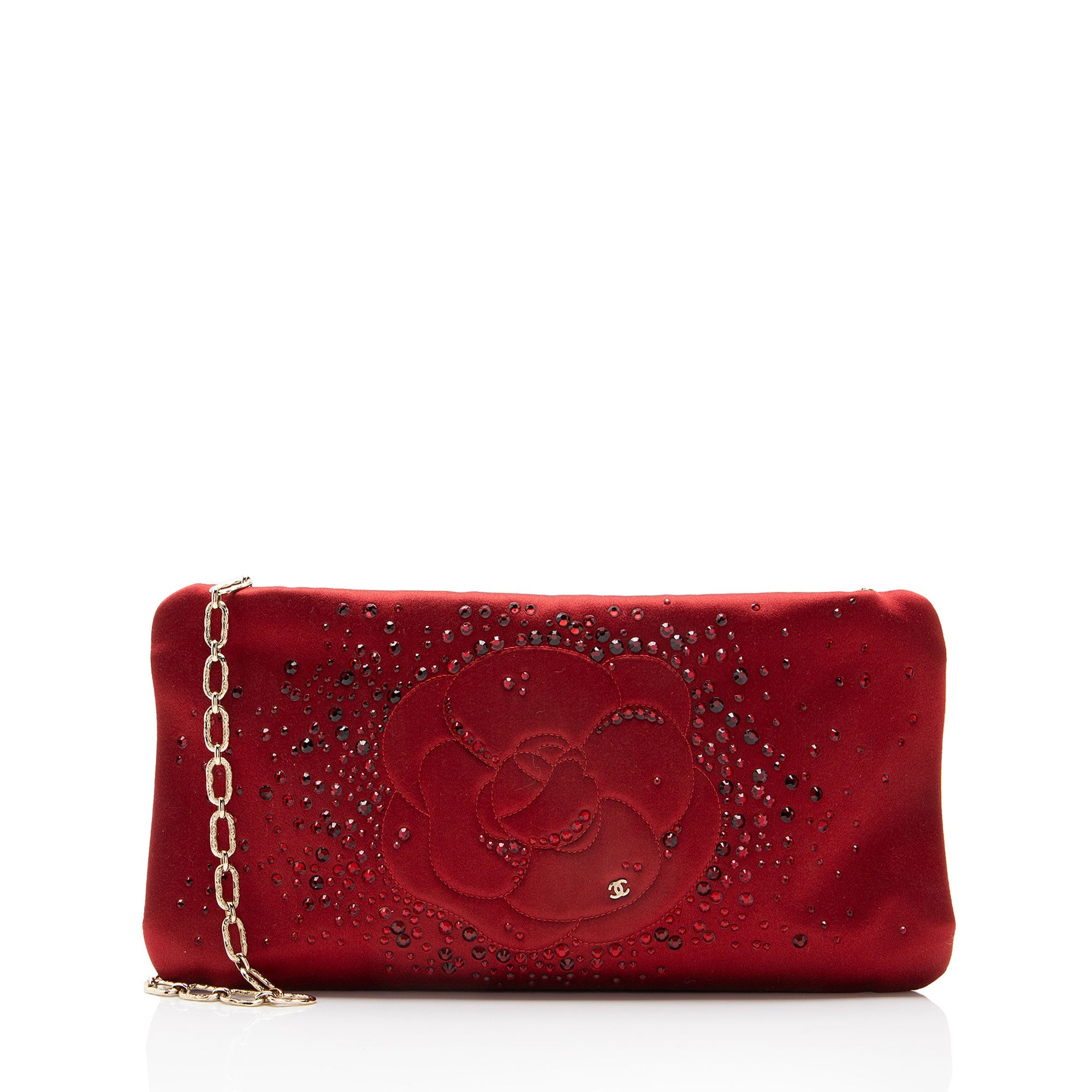 Chanel Satin Crystal Embellished Camellia Clutch on Chain
