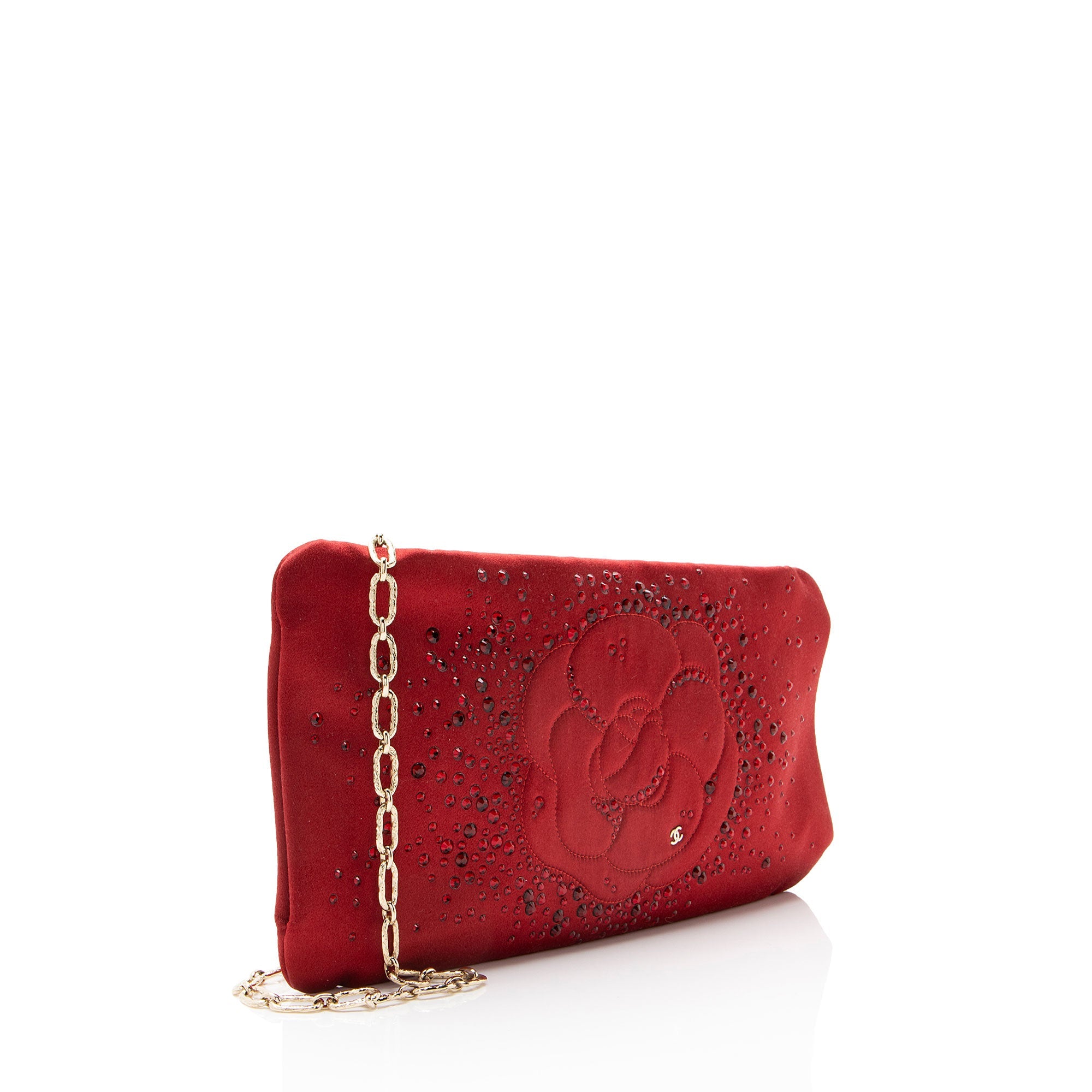 Chanel Satin Crystal Embellished Camellia Clutch on Chain