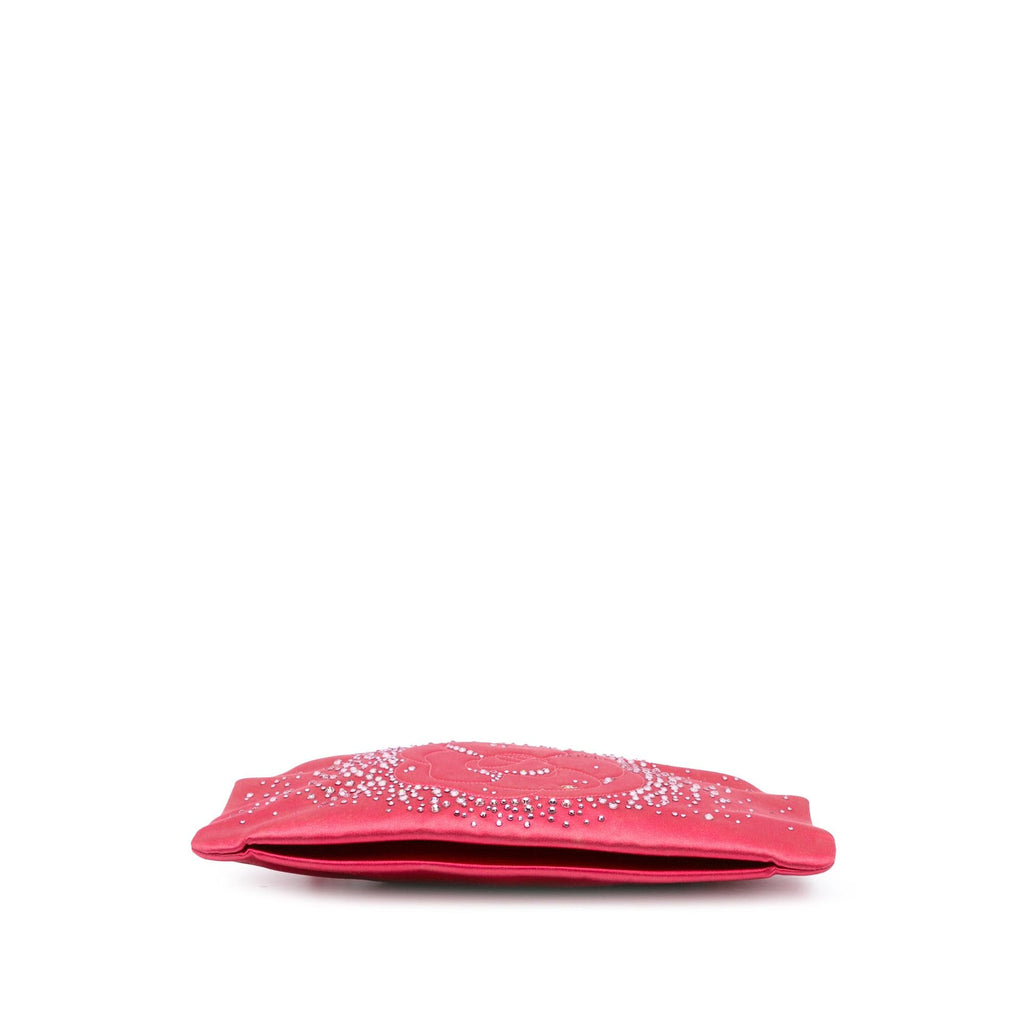 Chanel Satin Diamante Camellia Clutch with Chain