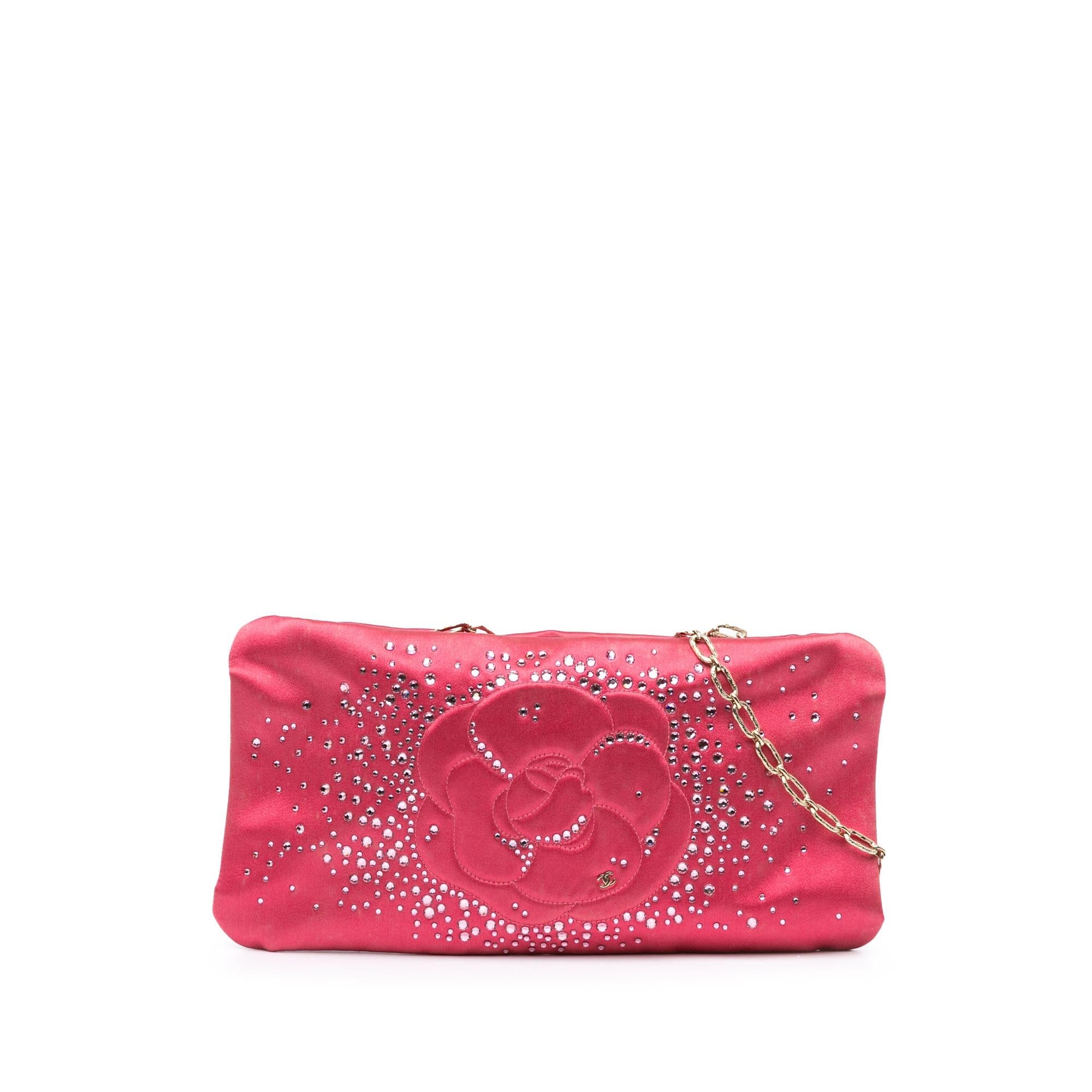 Chanel Satin Diamante Camellia Clutch with Chain