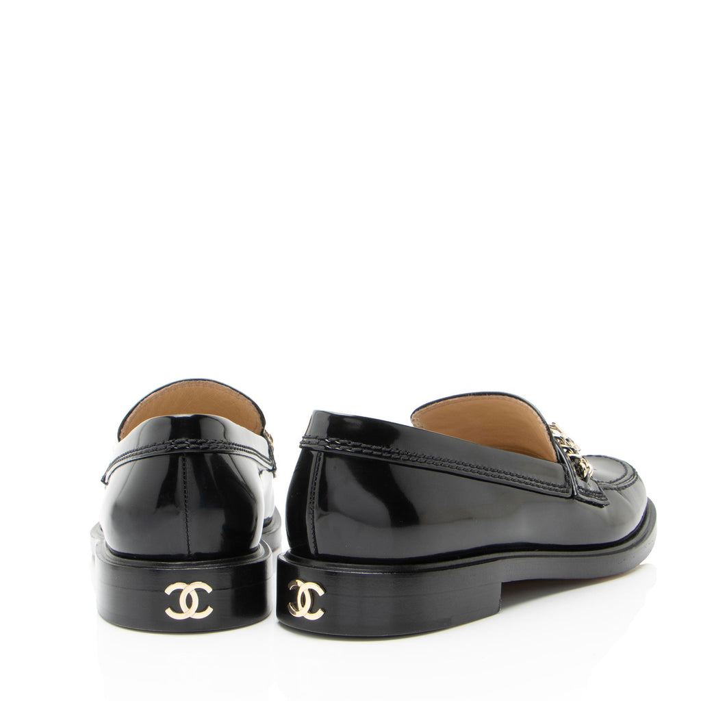 Chanel Shiny Calfskin Logo Chain Loafers - Size 8 / 38