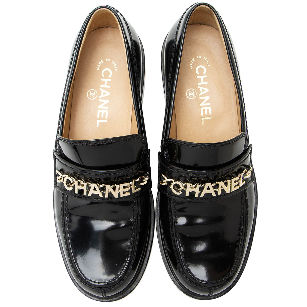 Chanel Shiny Calfskin Logo Chain Loafers - Size 8 / 38