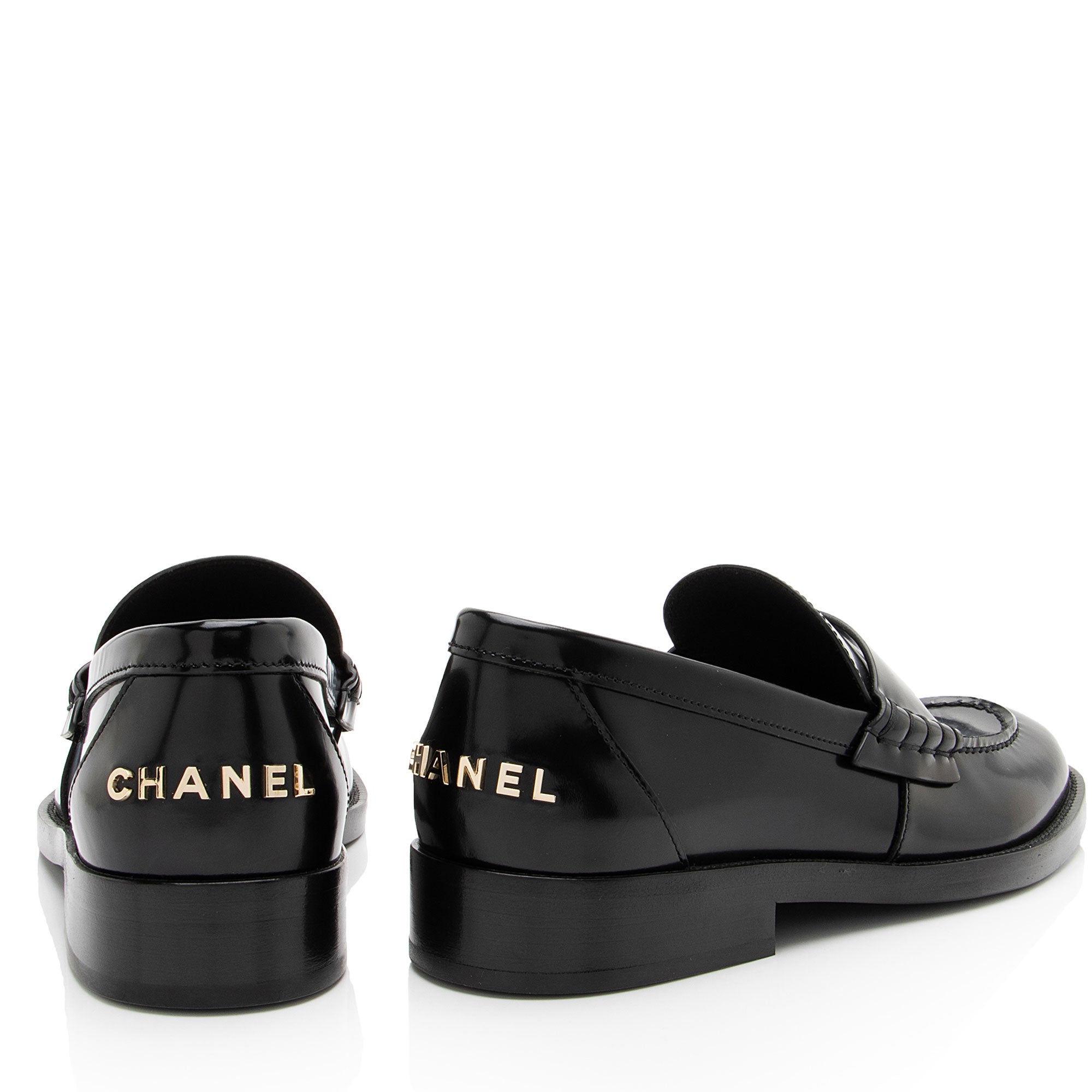 Chanel Shiny Calfskin Logo Loafers - Size 8 / 38