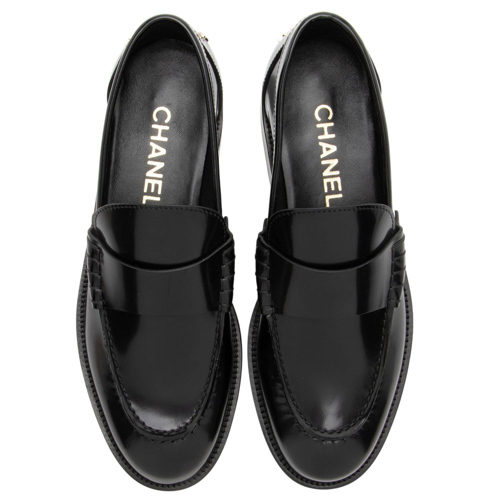 Chanel Shiny Calfskin Logo Loafers - Size 8 / 38