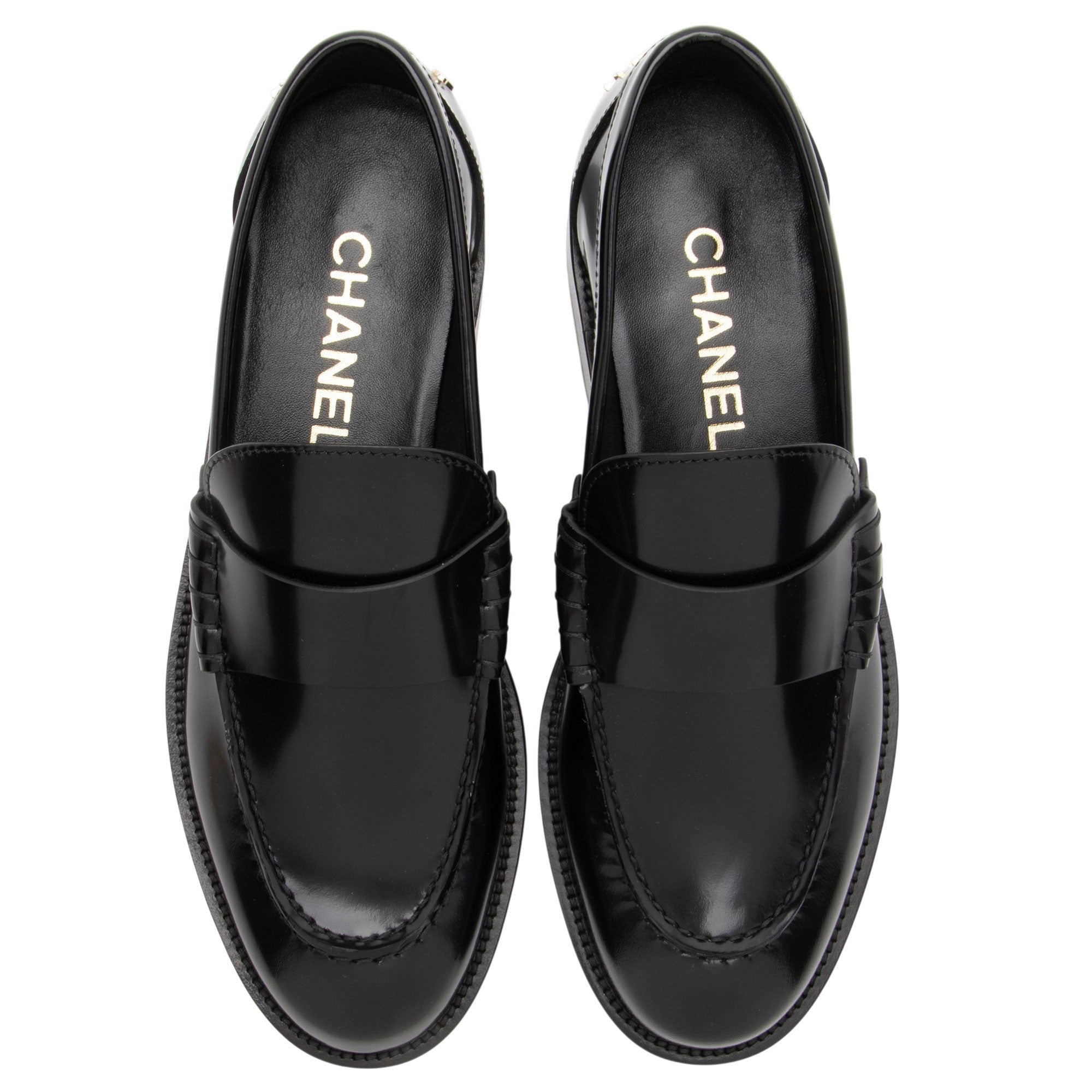 Chanel Shiny Calfskin Logo Loafers - Size 8 / 38