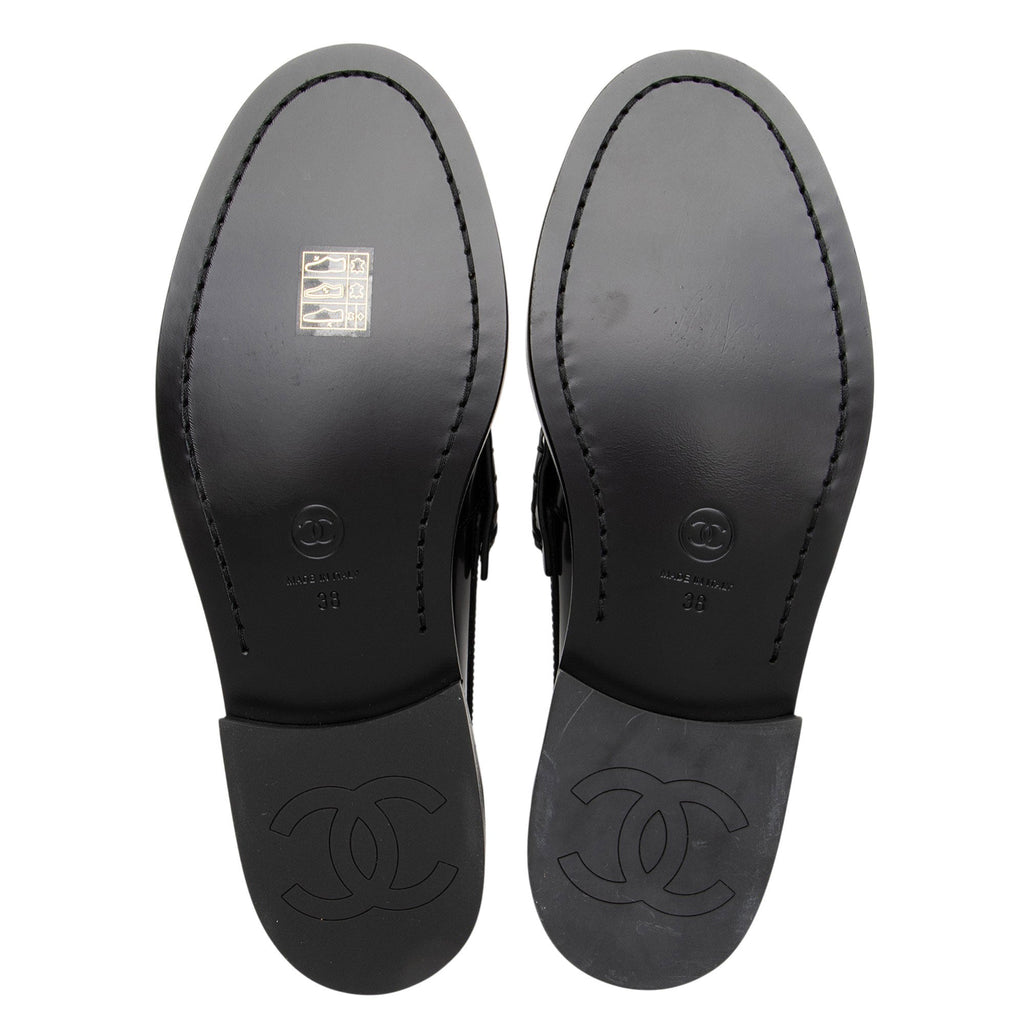 Chanel Shiny Calfskin Logo Loafers - Size 8 / 38