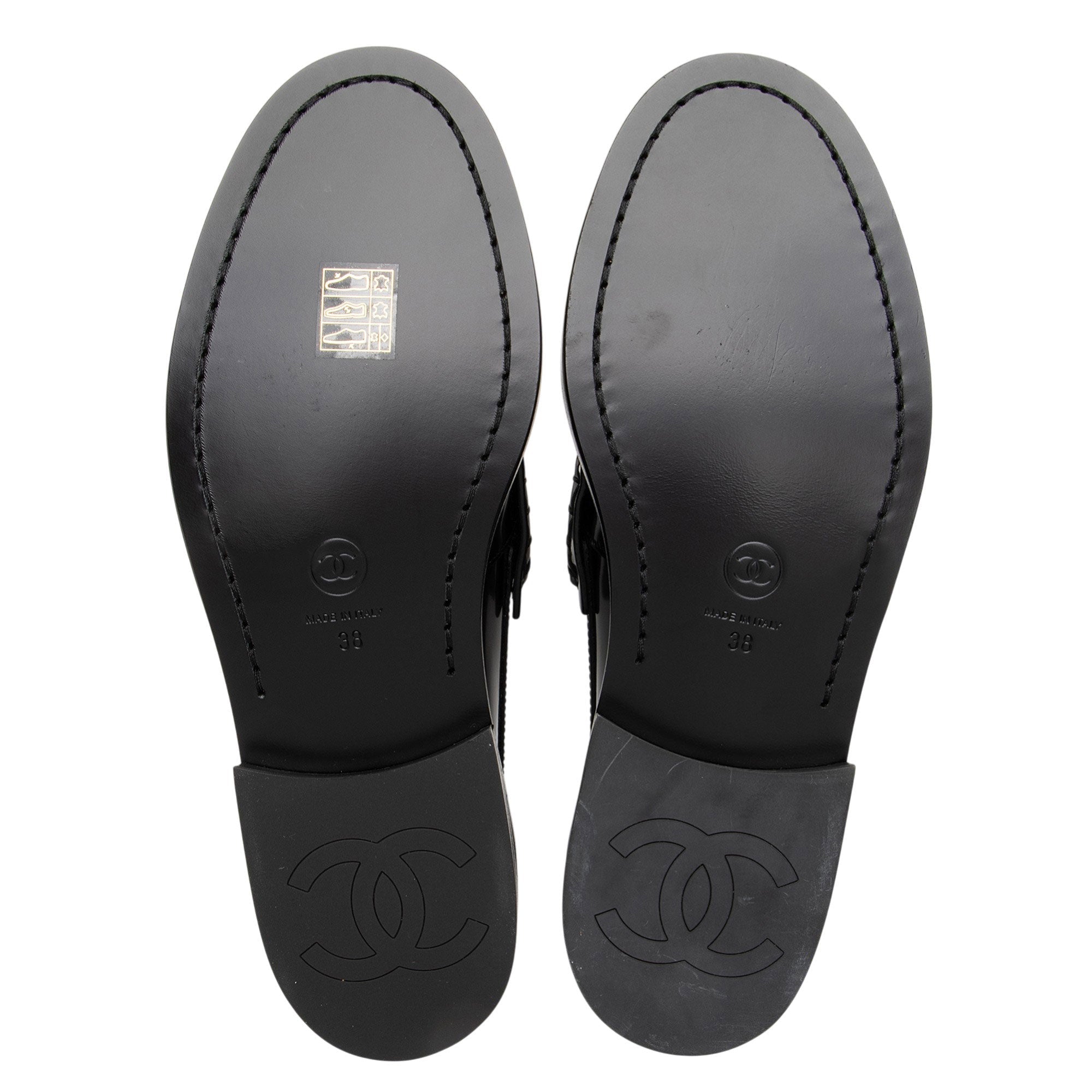 Chanel Shiny Calfskin Logo Loafers - Size 8 / 38