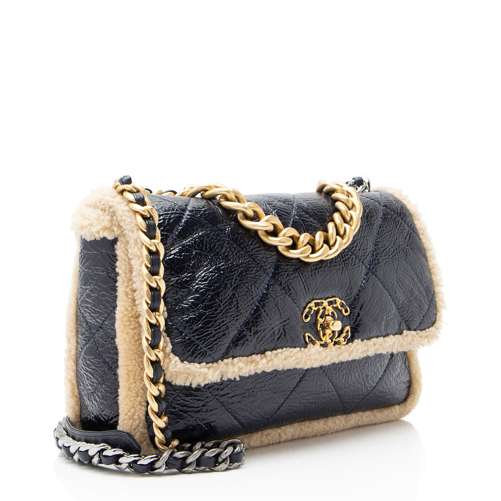 Chanel Shiny Crumpled Calfskin Shearling 19 Medium Flap Shoulder Bag