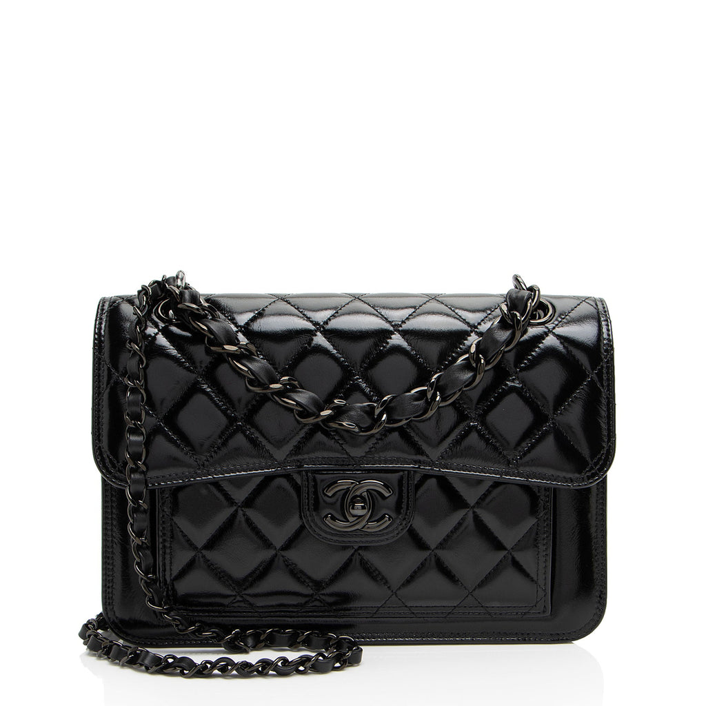 Chanel Shiny Crumpled Calfskin So Black Double You Flap Bag