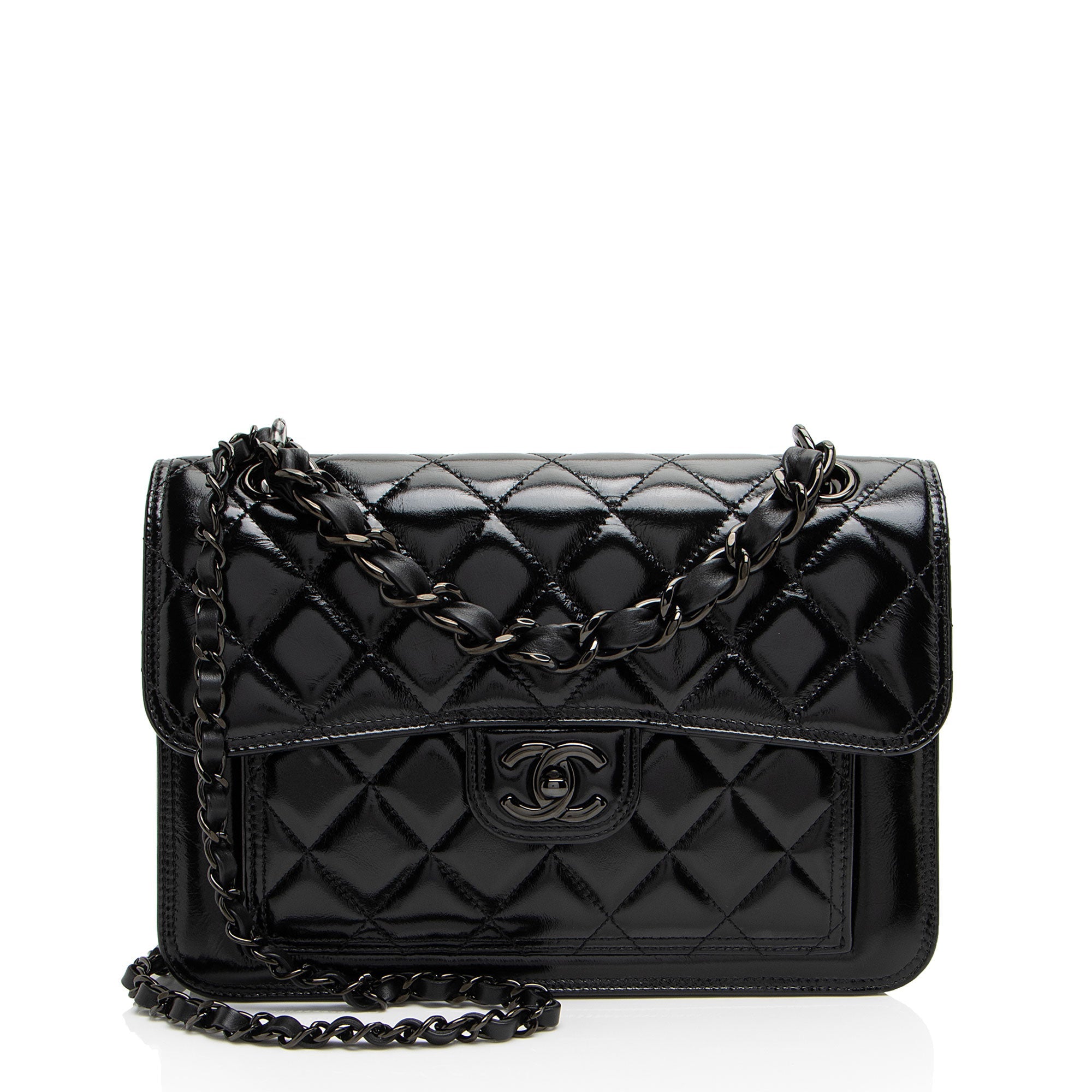 Chanel Shiny Crumpled Calfskin So Black Double You Flap Bag