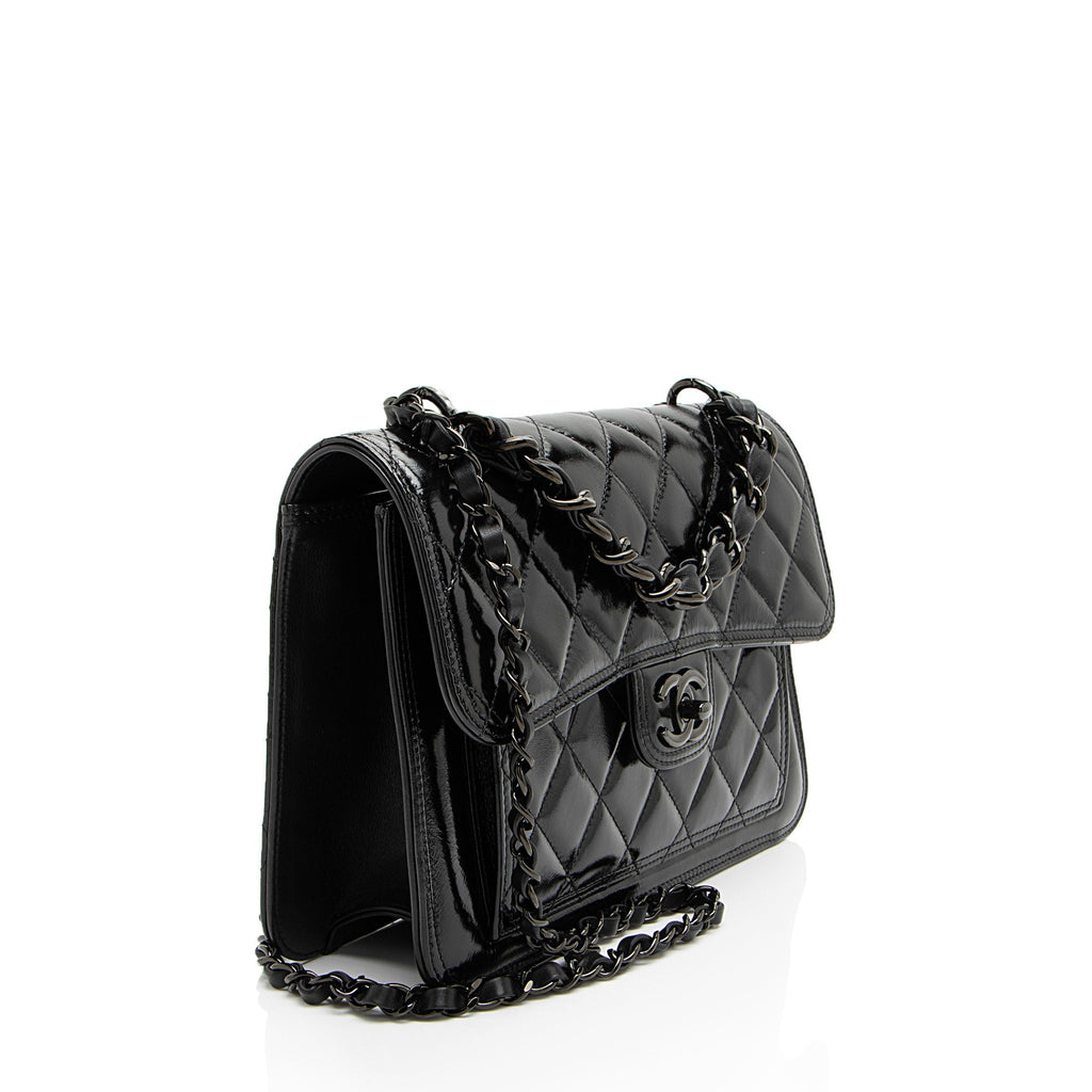 Chanel Shiny Crumpled Calfskin So Black Double You Flap Bag