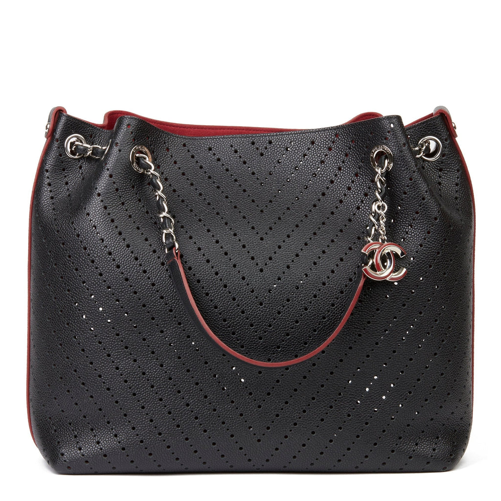 Chanel Perforated Grained Calfskin Accordion Shopping Tote With Pouch