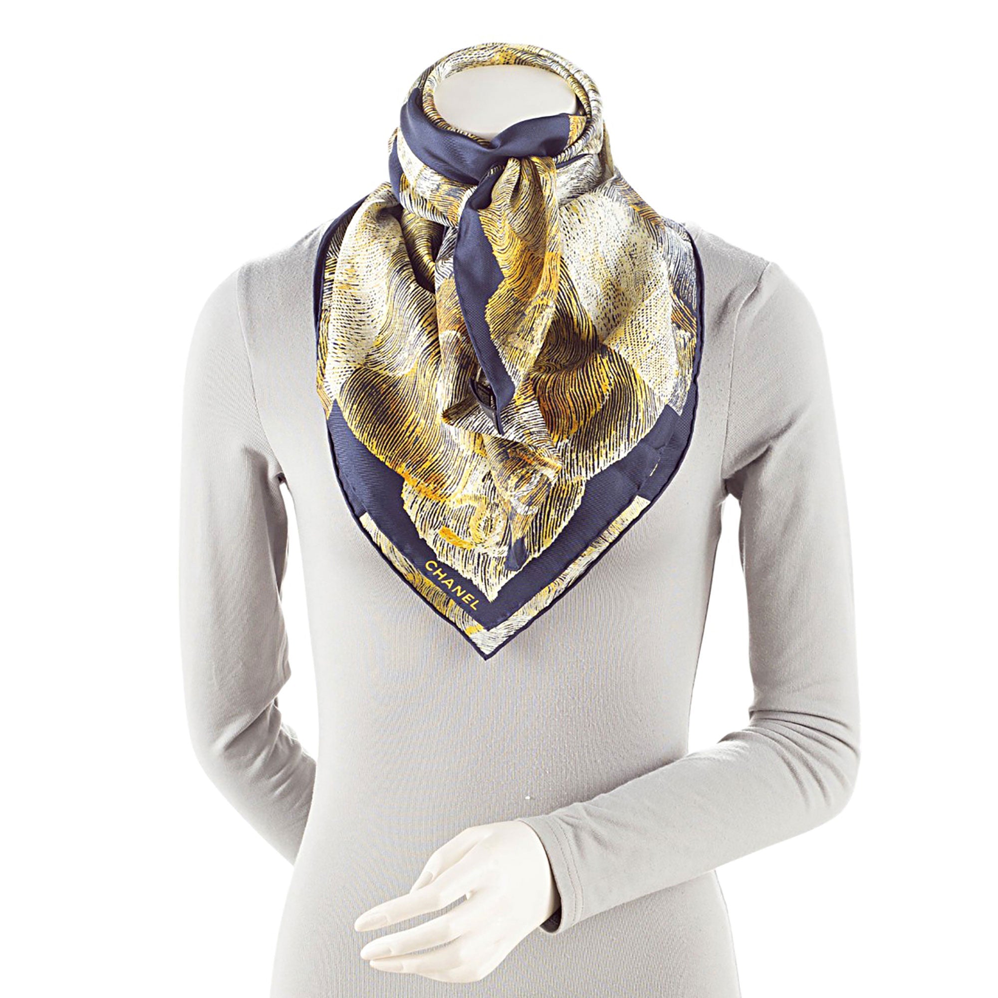 Chanel Silk Camellia Moons 90cm Scarf