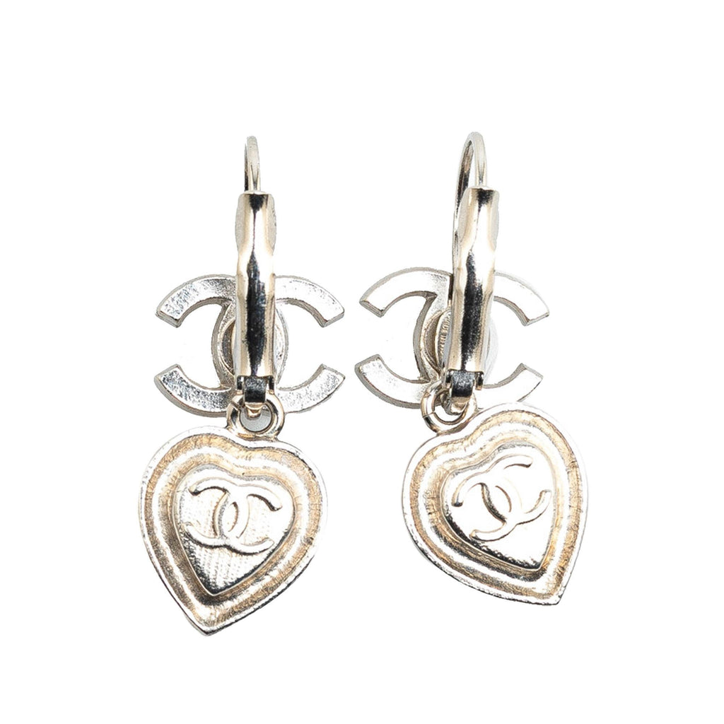 Chanel Silver CC Crystal Heart Drop Lever Back Earrings