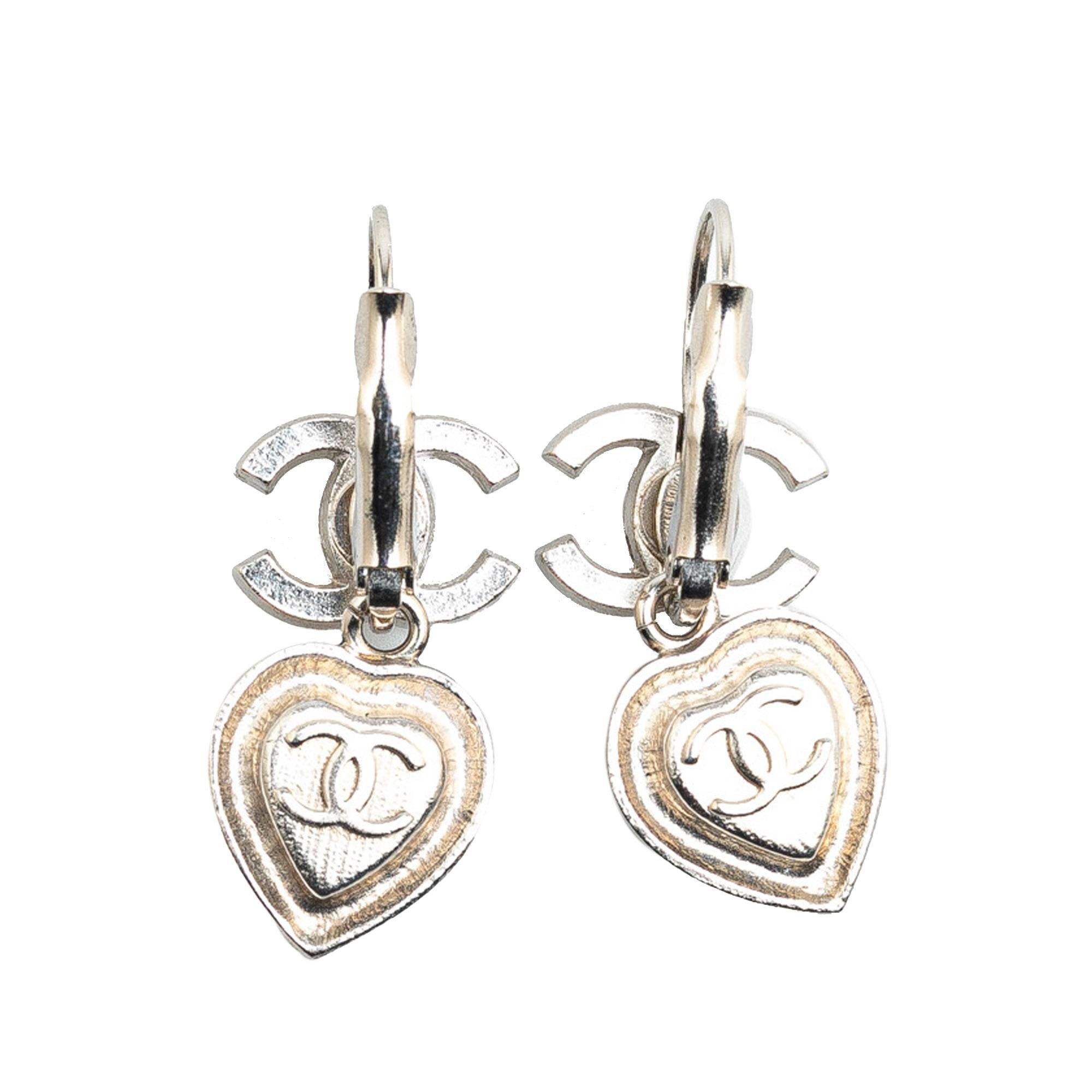 Chanel Silver CC Crystal Heart Drop Lever Back Earrings