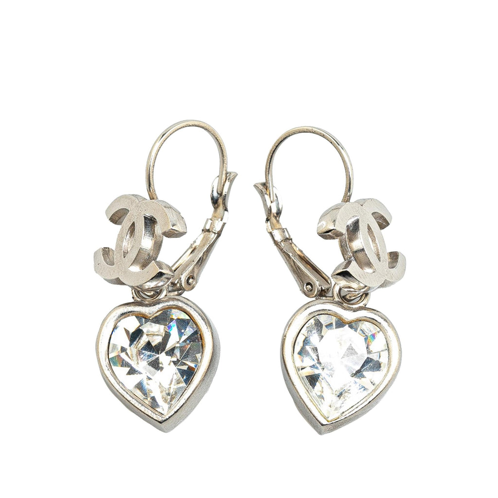 Chanel Silver CC Crystal Heart Drop Lever Back Earrings