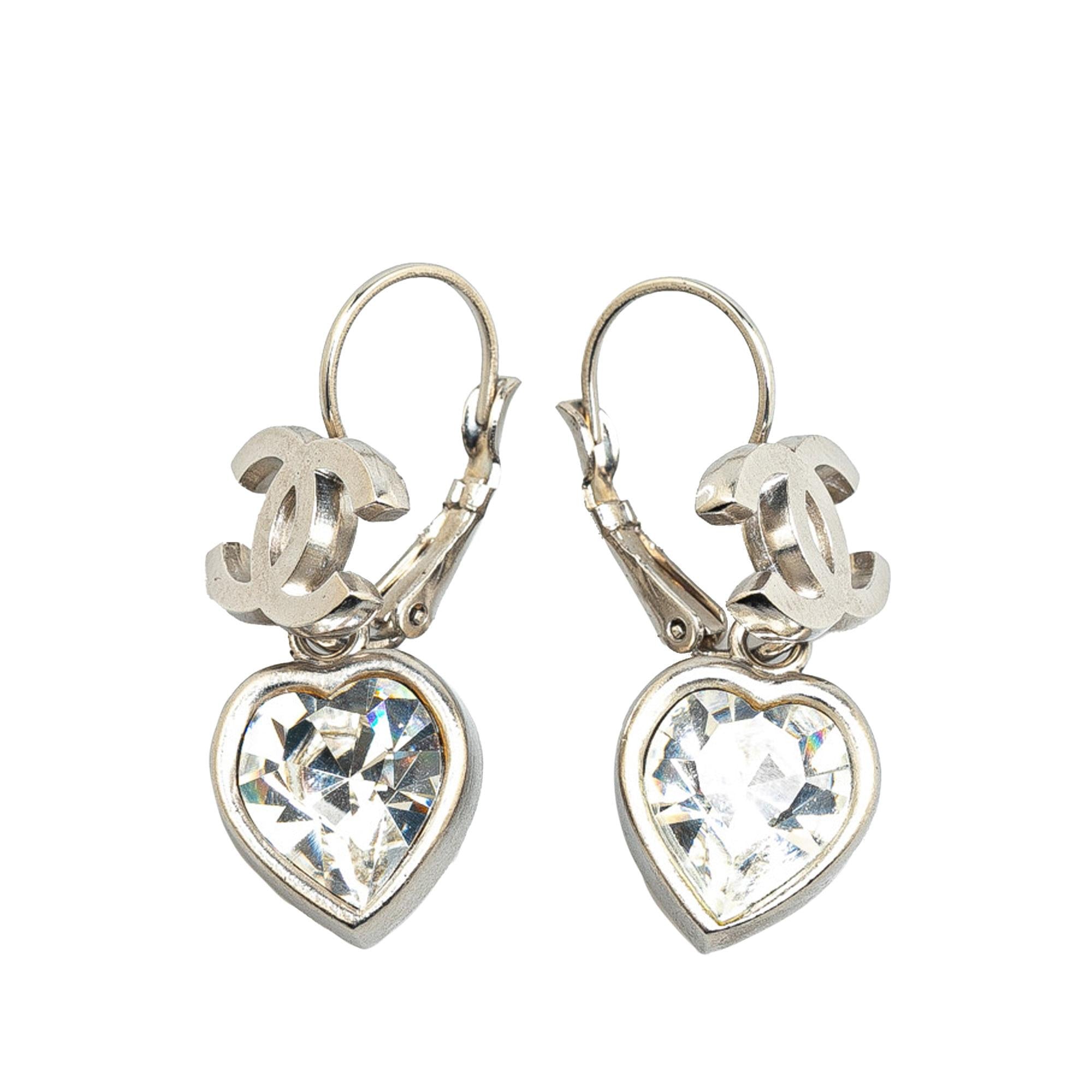 Chanel Silver CC Crystal Heart Drop Lever Back Earrings