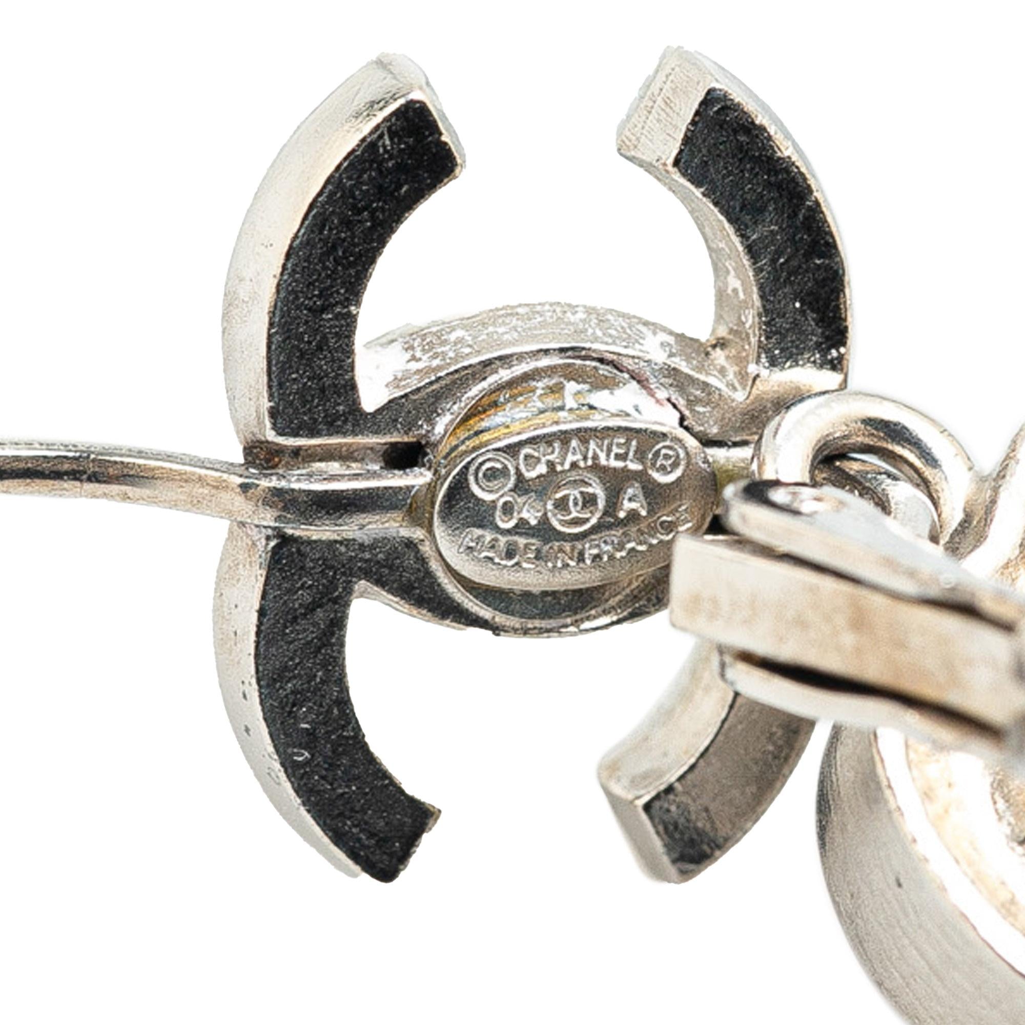 Chanel Silver CC Crystal Heart Drop Lever Back Earrings