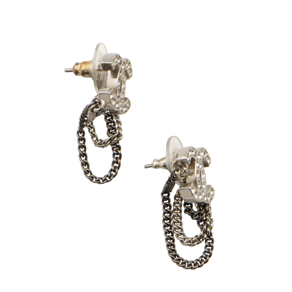 Chanel Silver Crystal CC Chain Earrings