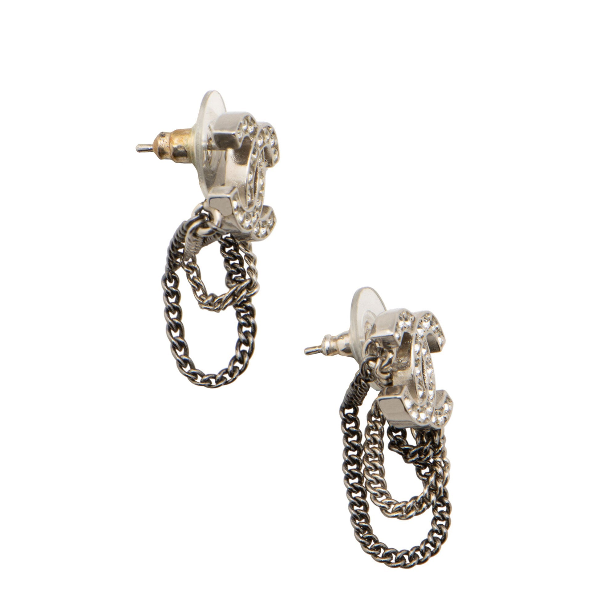 Chanel Silver Crystal CC Chain Earrings