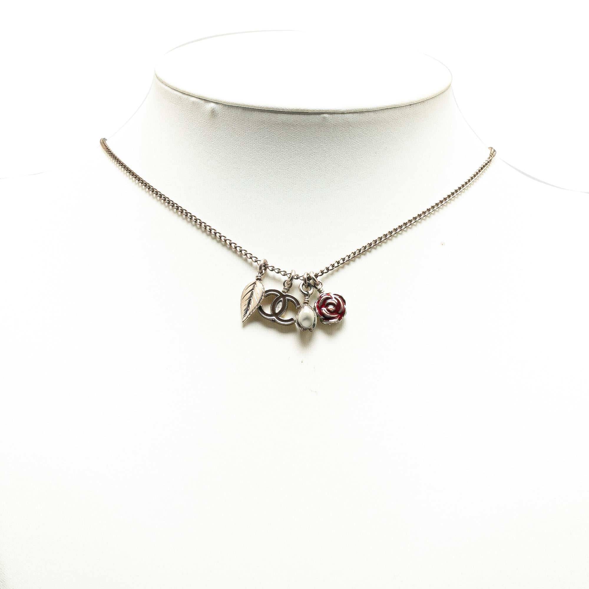 Chanel Silver Plated CC Camellia Charms Necklace