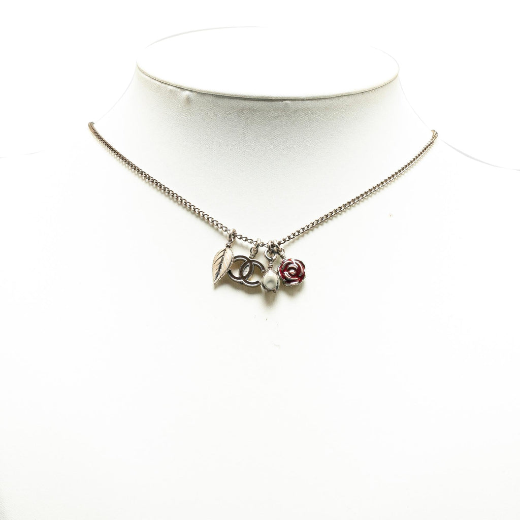 Chanel Silver Plated CC Camellia Charms Necklace