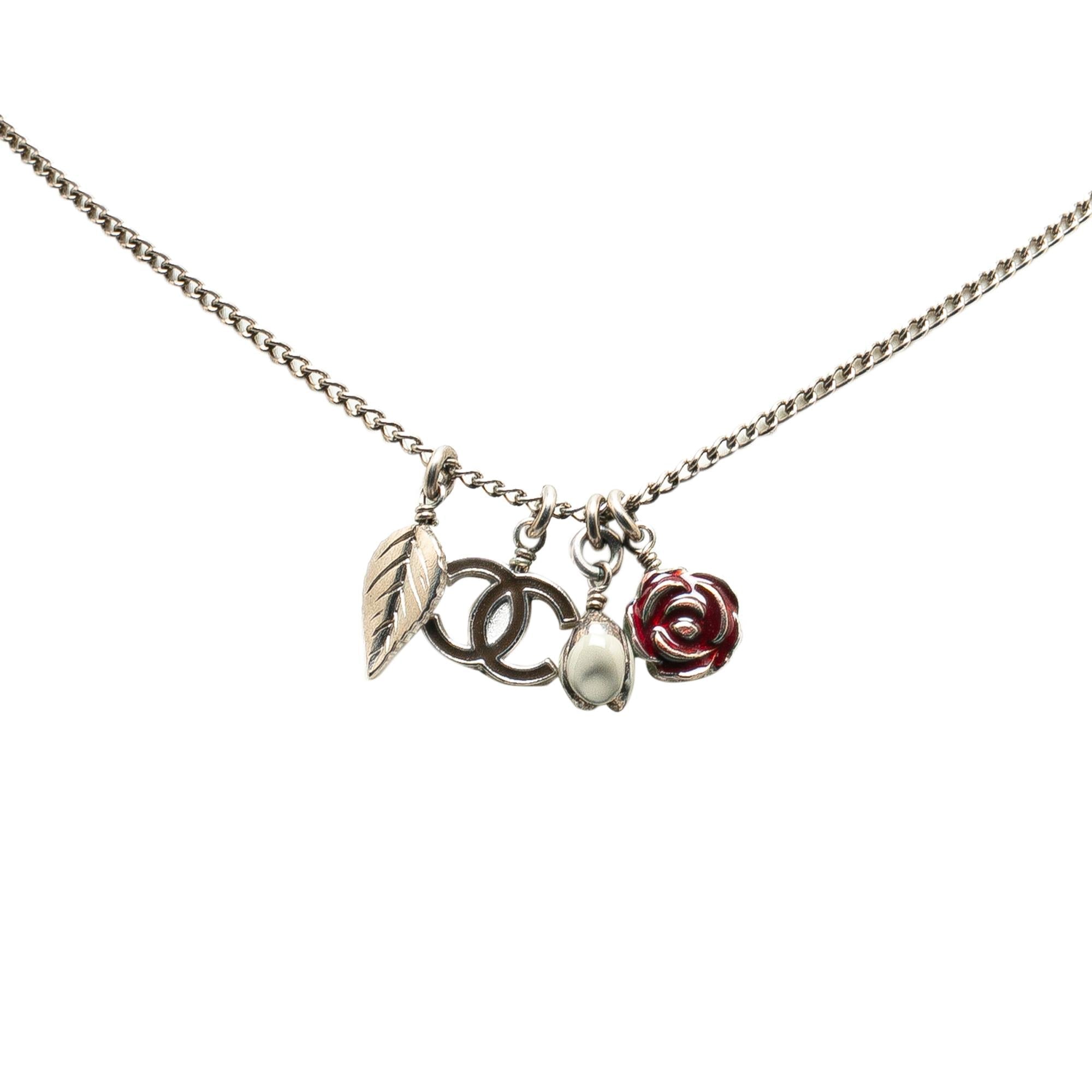 Chanel Silver Plated CC Camellia Charms Necklace