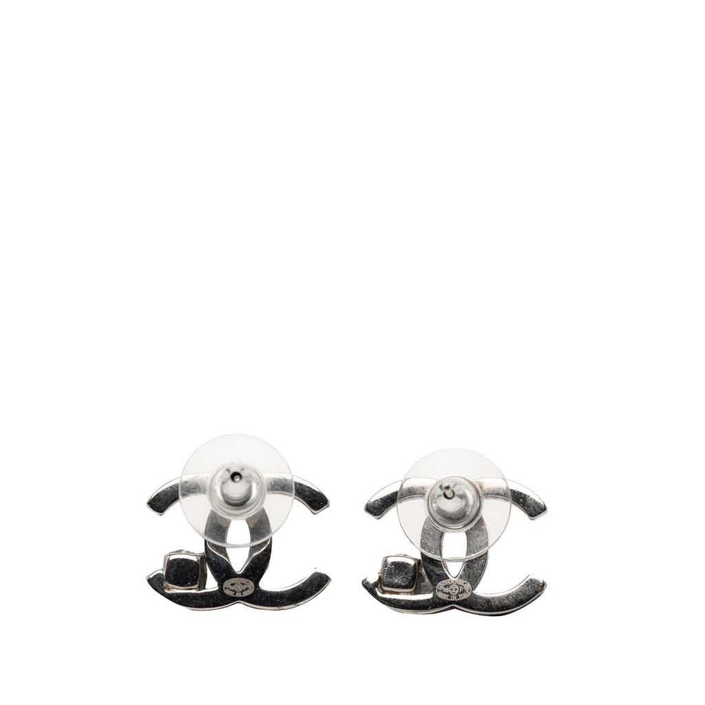 Chanel Silver Plated CC Rhinestone Push Back Earrings