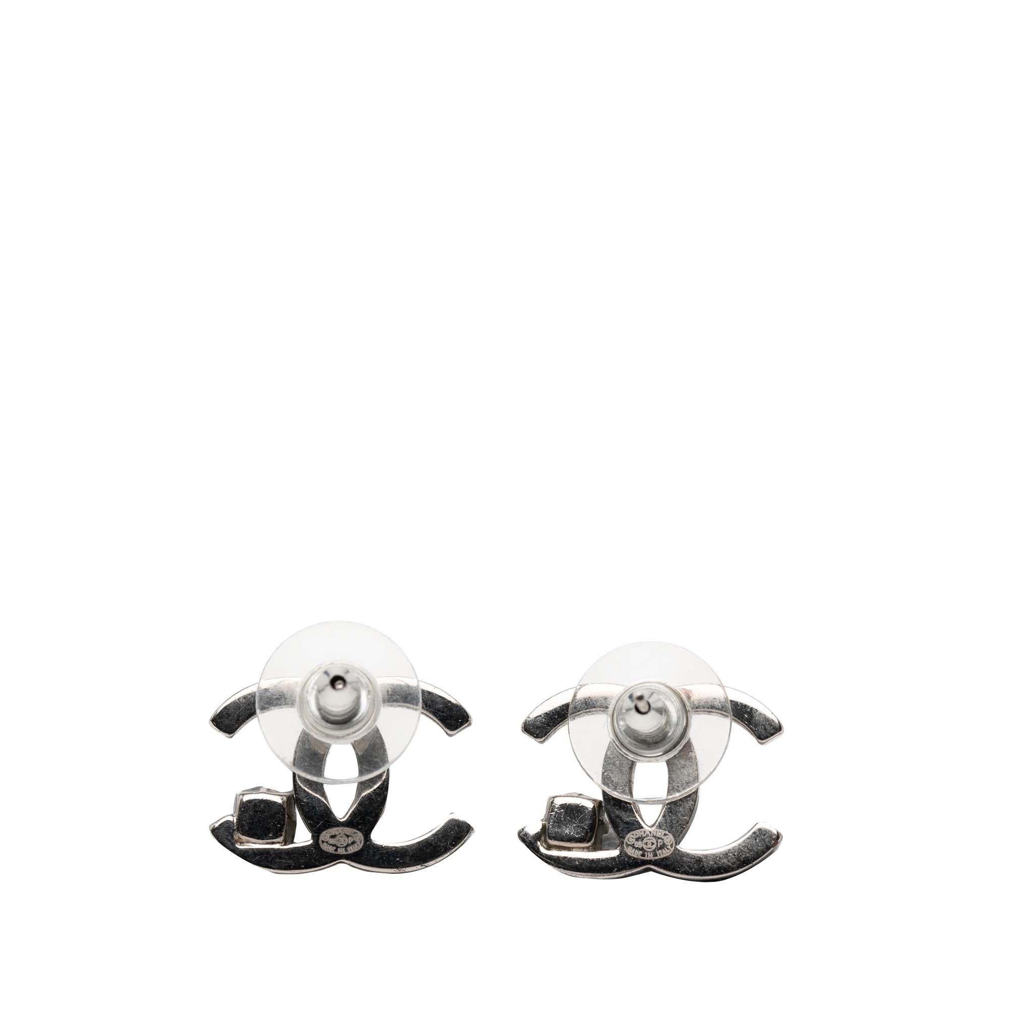Chanel Silver Plated CC Rhinestone Push Back Earrings