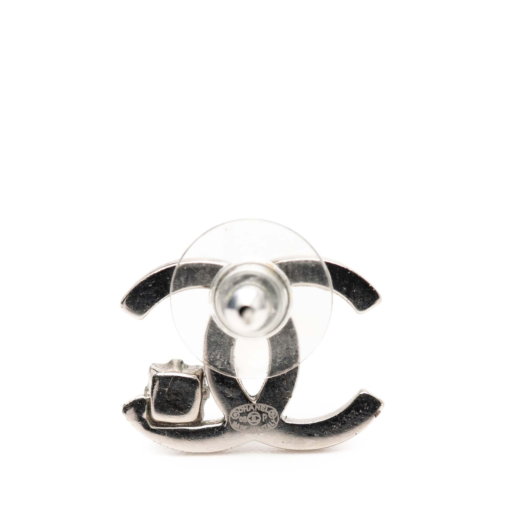 Chanel Silver Plated CC Rhinestone Push Back Earrings